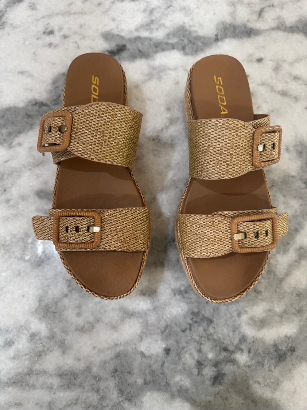 Soda Women’s Tan Woven Double-Buckle Slide Sandals - Picture 1 of 4